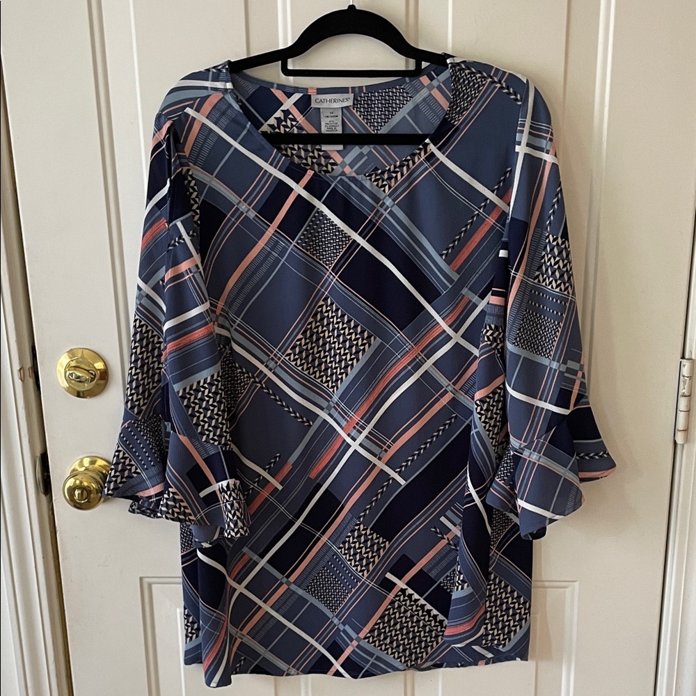 Catherines Navy Plaid V-Neck Bell Sleeve Blouse with Pink Accent Size 18/20W